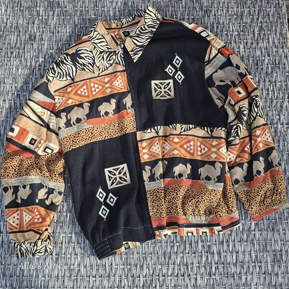 Vtg Zoo Animal Elephant Leopard Print Beaded Full Zip Jacket Alfred Dunner 10 - Picture 7 of 10